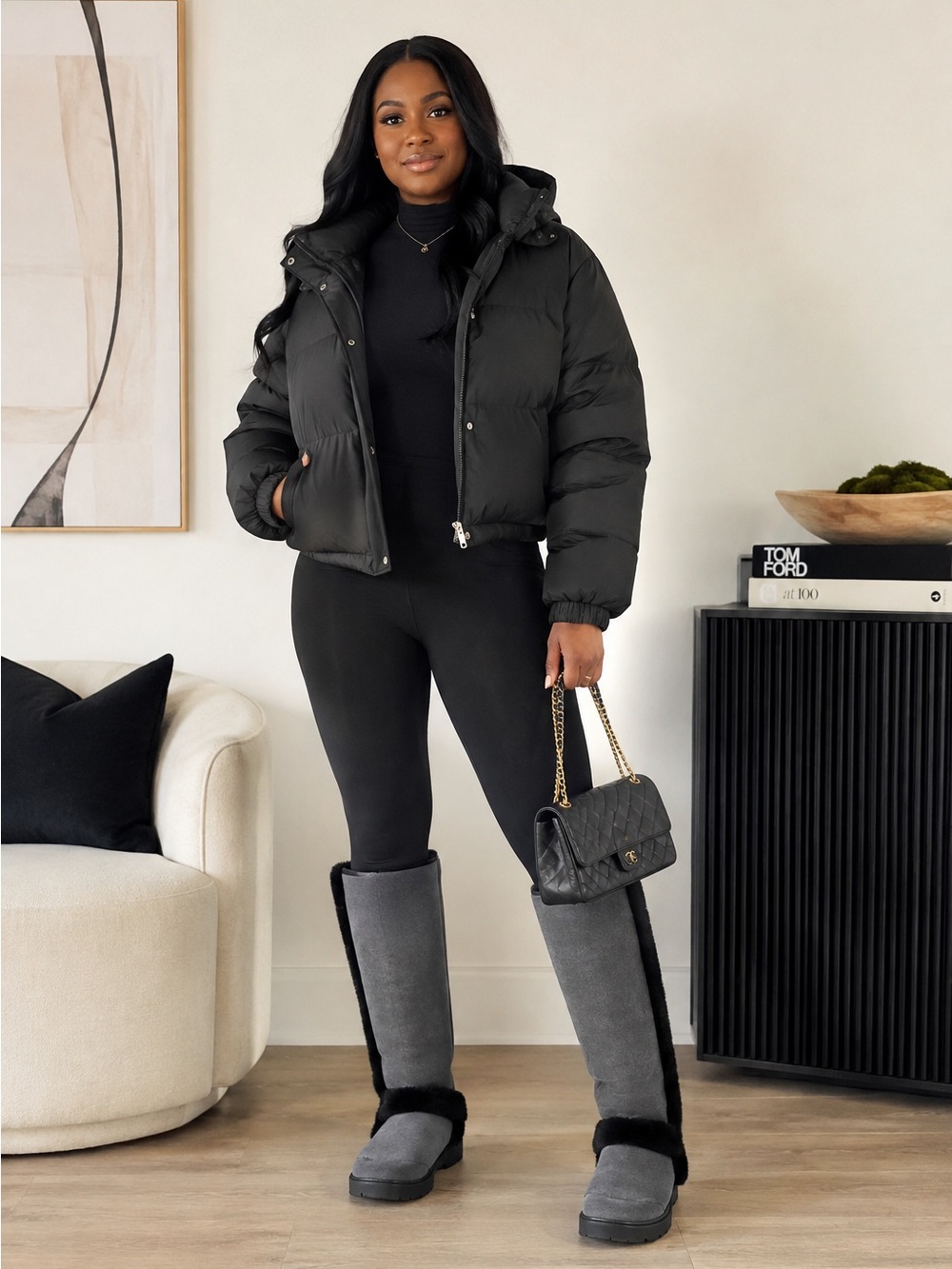 UGG Gray Suede Tall Winter Boots with Black Shearling Trim sunburst